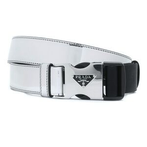 Prada Metallic Spazzolato Leather and Woven Tape Belt